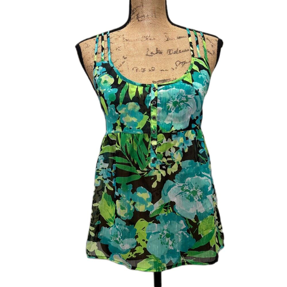Y2K Aeropostale Smock Babydoll Tank Top Strappy Tropical Fairy Green Size Small